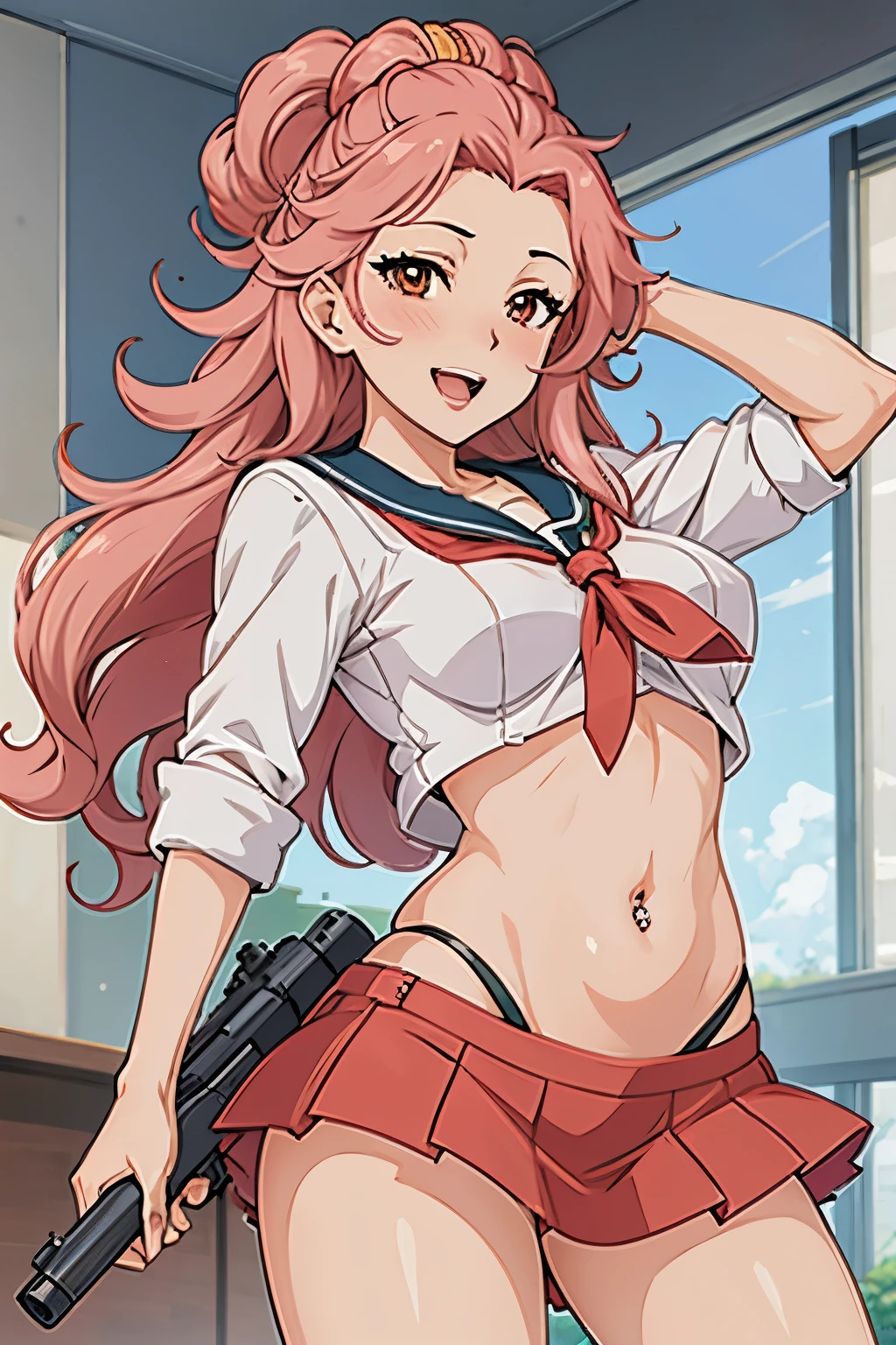 hamakawa_ayuna, 1woman solo、、おでこ、curlhair、ピンクhair、blush, lipstick, masterpiece, best quality, highly detailed, a anime girls in sailor uniforms with a gun posing for a picture,
evil smile, smile, open mouth,black_serafuku, ecchi anime style, anime girls , (nsfw) not safe for work,
ecchi style, ecchi, shipgirls, digital anime art!!, high school girls, holding a gun, hold a gun, anime style 4
k, micro skirt, exposed belly, exposed navel, exposed midriff,
exposed lower belly,school, classroom, navel piercing