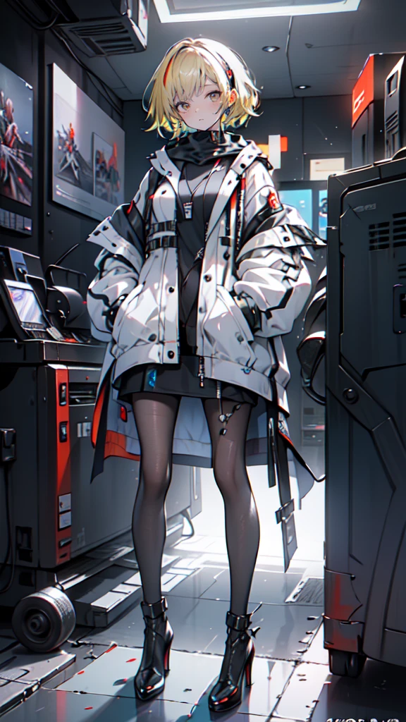 1 girl, short yellow hair, cyberpunk, Alice in Wonderland, black high heels, hand in pocket, best quality, 4k, 8k, highres, masterpiece:1.2, ultra-detailed, realistic, photorealistic, photo-realistic:1.37, HDR, UHD, studio lighting, ultra-fine painting, sharp focus, physically-based rendering, extreme detail description, professional, vivid colors, bokeh, concept art