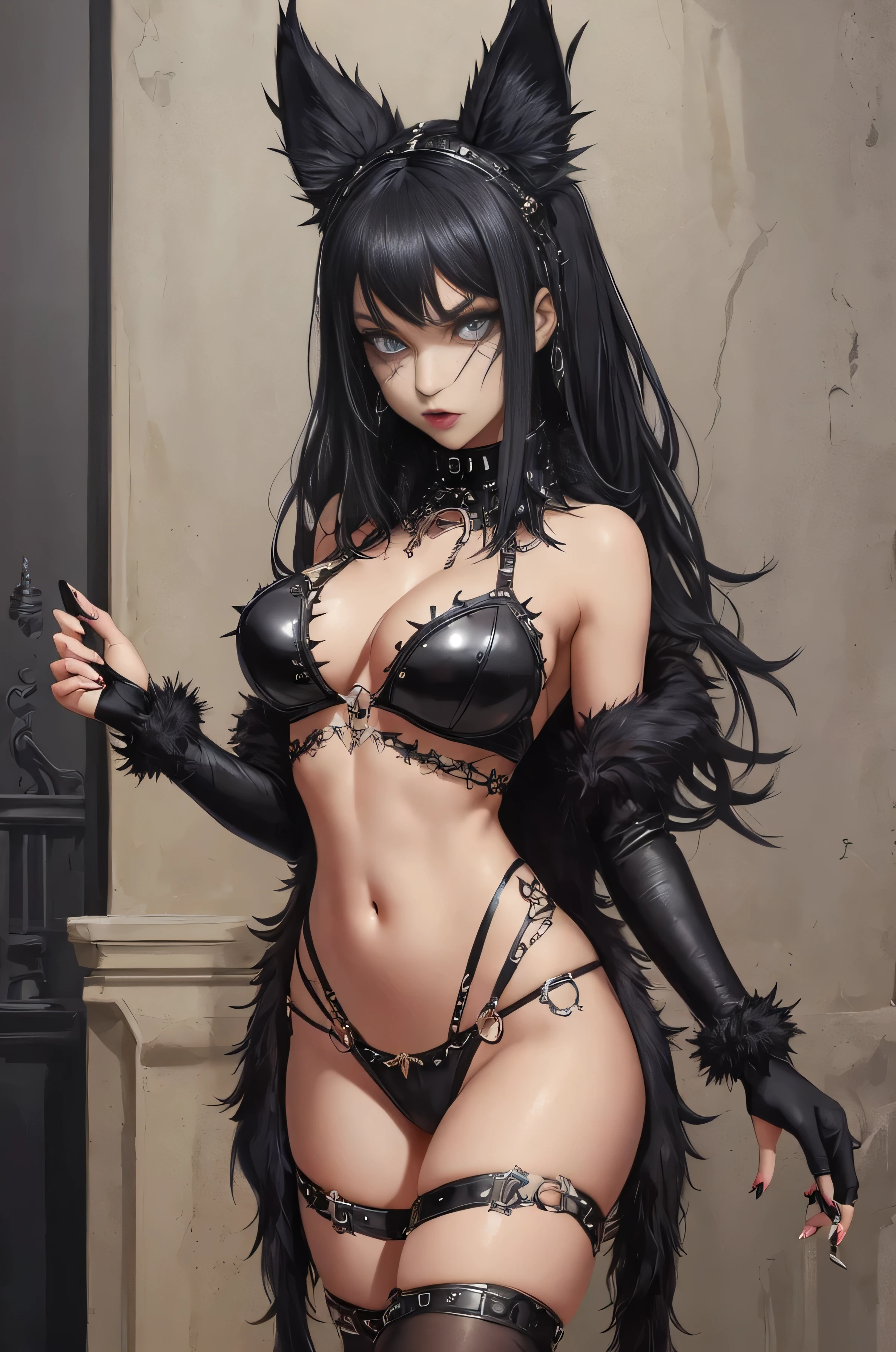 (Furry goth girl) with a seductive gaze, showcasing intricate fur patterns on her face and captivating eyes, smooth legs, high heels. She confidently wears a spiked collar and embraces her dominatrix persona in a revealing cosplay outfit, exposed cleavage exposed navel. Ear piercings complement her overall daring look.