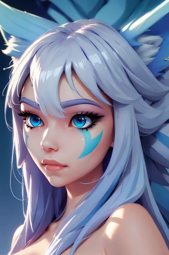 Io,blue eyes, wolf ears, wolf tail, very long light blue hair, facial mark on left cheek,twin braids, fang, 
 moonlight, grass, lake, nude big breats bust perfil 
(insanely detailed, beautiful detailed face, masterpiece, best quality)  nude huge tits 