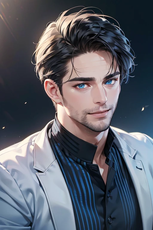 a handsome 35 year old man, 3 day beard, dark hair, sharp jawline, (mesmerizing blue eyes), perfectly styled hair, wearing cool anime outfitt, dynamic lighting, (CEO), (expression, smile in love), (best quality,4k,8k,highres,masterpiece:1.2),ultra-detailed,(realistic,photorealistic,photo-realistic:1.37)