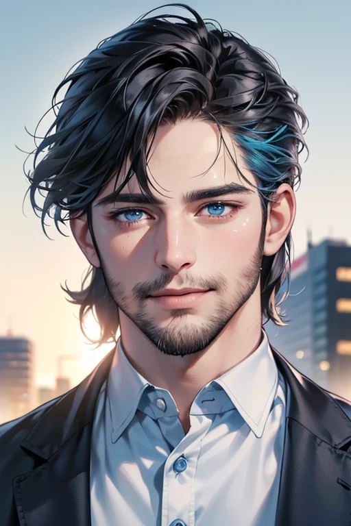 a handsome 35 year old man, 3 day beard, dark hair, sharp jawline, (mesmerizing blue eyes), perfectly styled hair, wearing cool anime outfitt, dynamic lighting, (CEO), (expression, smile in love), (best quality,4k,8k,highres,masterpiece:1.2),ultra-detailed,(realistic,photorealistic,photo-realistic:1.37)