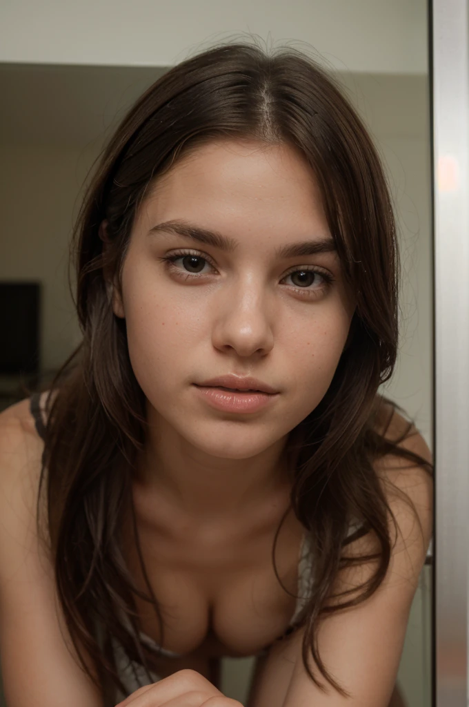 Samantha Sloviks is a young woman, with a face that resembles a very bold teenager, 23 years old, she is a young woman. Face: About 20 cm high and 15 cm wide. Hair: Length around 30 cm from the top of the head to the ends. Mouth: Width about 5 cm. Nose: Approximately 4 cm wide and 5 cm high. Face: About 20 cm high and 15 cm wide. Hair: Length around 30 cm from the top of the head to the ends. Mouth: Width about 5 cm. Nose: Approximately 4 cm wide and 5 cm high. The young woman's face appears to be oval in shape, with soft contours. Her skin appears to be smooth and light in tone. She is standing in front of a mirror placing her fingers inside her vagina.