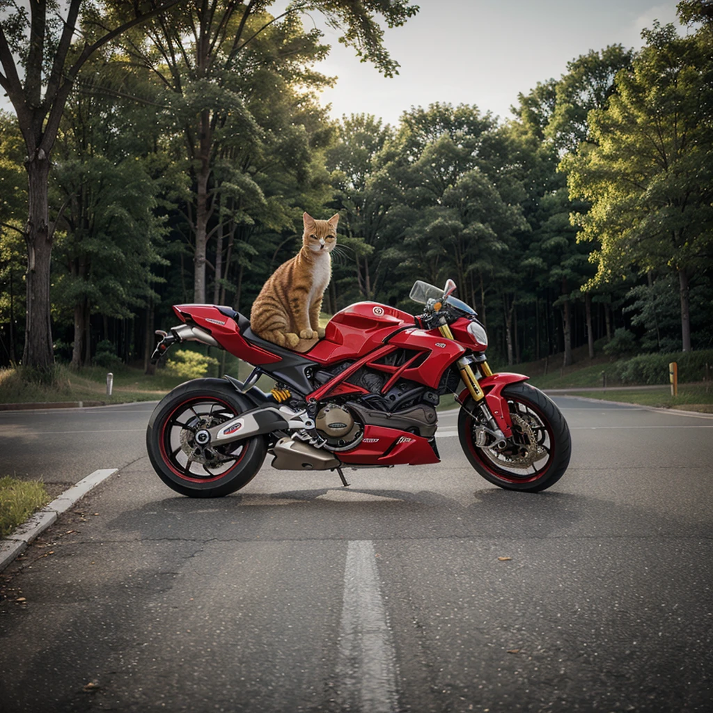 A yellow cat,Riding a red Ducati,Photorealistic feeling,Real-life cat,The picture has strong contrast,