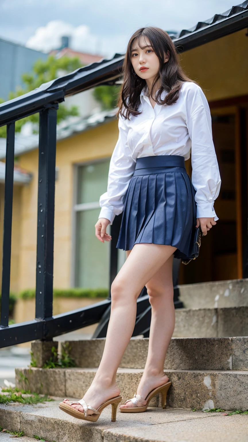 ((Viewing angle from below、Highest quality、masterpiece、32k、Every detail))、Descend the outdoor stairs、commute、Systemic symptoms、Traditional navy blue sailor uniform、White blouse、(((Mini Pleated Skirt, No underwear:1.22)))、(((A strong wind blows up her hair and skirt:1.62)))、(( I always wear the strap of my bag across my body..:1.22))、One Girl, alone、Big Breasts:1.44、barefoot, High heels