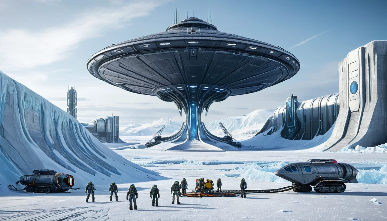 On a frozen planet, a futuristic designed alien spaceship parked on the icy surface. Several members of the alien crew descend an extended ramp from the ship... These aliens have space suits adapted to the icy environment, showing advanced and incomprehensible technologies. In the background, A minimalist and brutalist concrete station is erected.. The station has straight and robust lines., with a solid and monolithic appearance, contrasting with the icy surroundings. The structure is simple but imposing., with large concrete blocks, small windows and thick walls that seem impenetrable. cinematic lighting, very high resolution, 4k hyperrealistic image