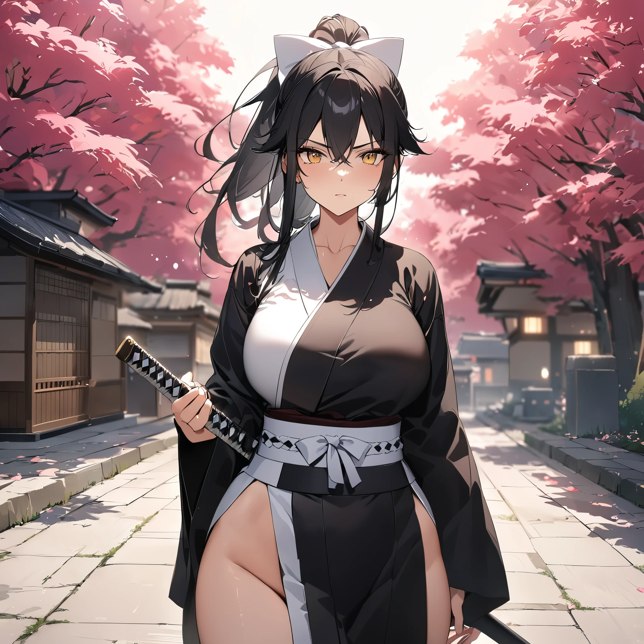 A woman wearing a traditional black kimono with white details, large breasts, black hair, long hair, ponytail hair, white bow in her hair, yellow eyes, serious face, holding a katana with sheath, standing outside a Japanese dojo, tree sakura around, concrete walkway with garden in the background,,UHD , prime work , accurate , anatomically correct , textured skin , super details , high quality , best quality, 8k, high resolution, bokeh effect. (woman alone)
