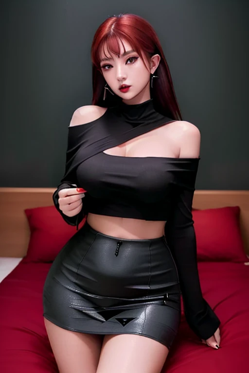 4k-ultra realistic 、highest quality, dream atmosphere, Ultra high resolution, (Reality: 1.4), hot girl, sexy eyes, Off-shoulder sweater dresses, cinematic lighting、realistic red hair、(My girl、makeup goth、My makeup)、(Pierced ears、Big breasts、Oversized black open-shoulder t-shirt dark mini-skirt) pretty sexy、((dark makeup、Oily skin, glossy skin、Realistic skin texture、detailed beautiful skin、glossy skin)), big hips, thick thighs, thick legs, area dark city center at night、bedroom  、Beautiful 、(Sharp shot:1.8)、thick legs 、hot arms、hot shoulders、sexy waist、hot sexy body、Large breasts、Full body  