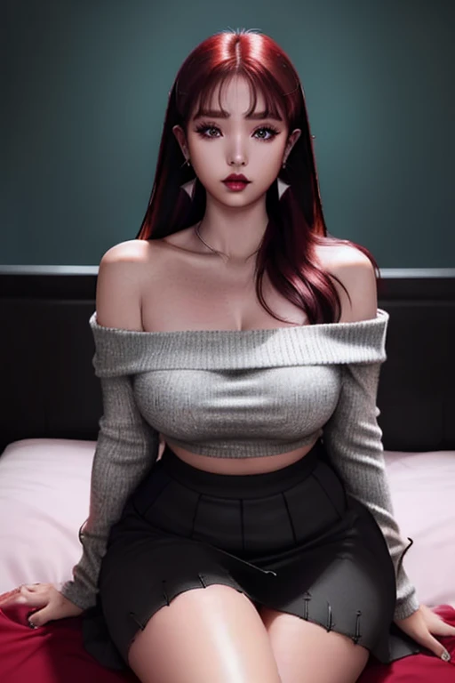 4k-ultra realistic 、highest quality, dream atmosphere, Ultra high resolution, (Reality: 1.4), hot girl, sexy eyes, Off-shoulder sweater dresses, cinematic lighting、realistic red hair、(My girl、makeup goth、My makeup)、(Pierced ears、Big breasts、Oversized black open-shoulder t-shirt dark mini-skirt) pretty sexy、((dark makeup、Oily skin, glossy skin、Realistic skin texture、detailed beautiful skin、glossy skin)), big hips, thick thighs, thick legs, area dark city center at night、bedroom  、Beautiful 、(Sharp shot:1.8)、thick legs 、hot arms、hot shoulders、sexy waist、hot sexy body、Large breasts、Full body  