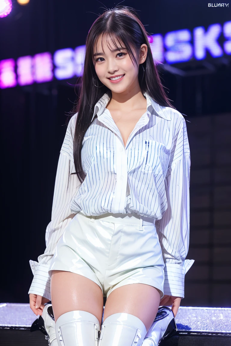 (8K), (highest quality: 1.2), (Realistic), (Realistic: 1.37), Ultra-high resolution, 1 girl, cute, (Embarrassed smile:1.2), (Blushing:1.4)Mouth closed, Beautiful details, Beautiful Nose, black straight Hair, (white super over size stripe shirt:1.5),(shirt untucked:1.2),(black long boots:1.2), school stage,(Shiny Thighs:1.5)