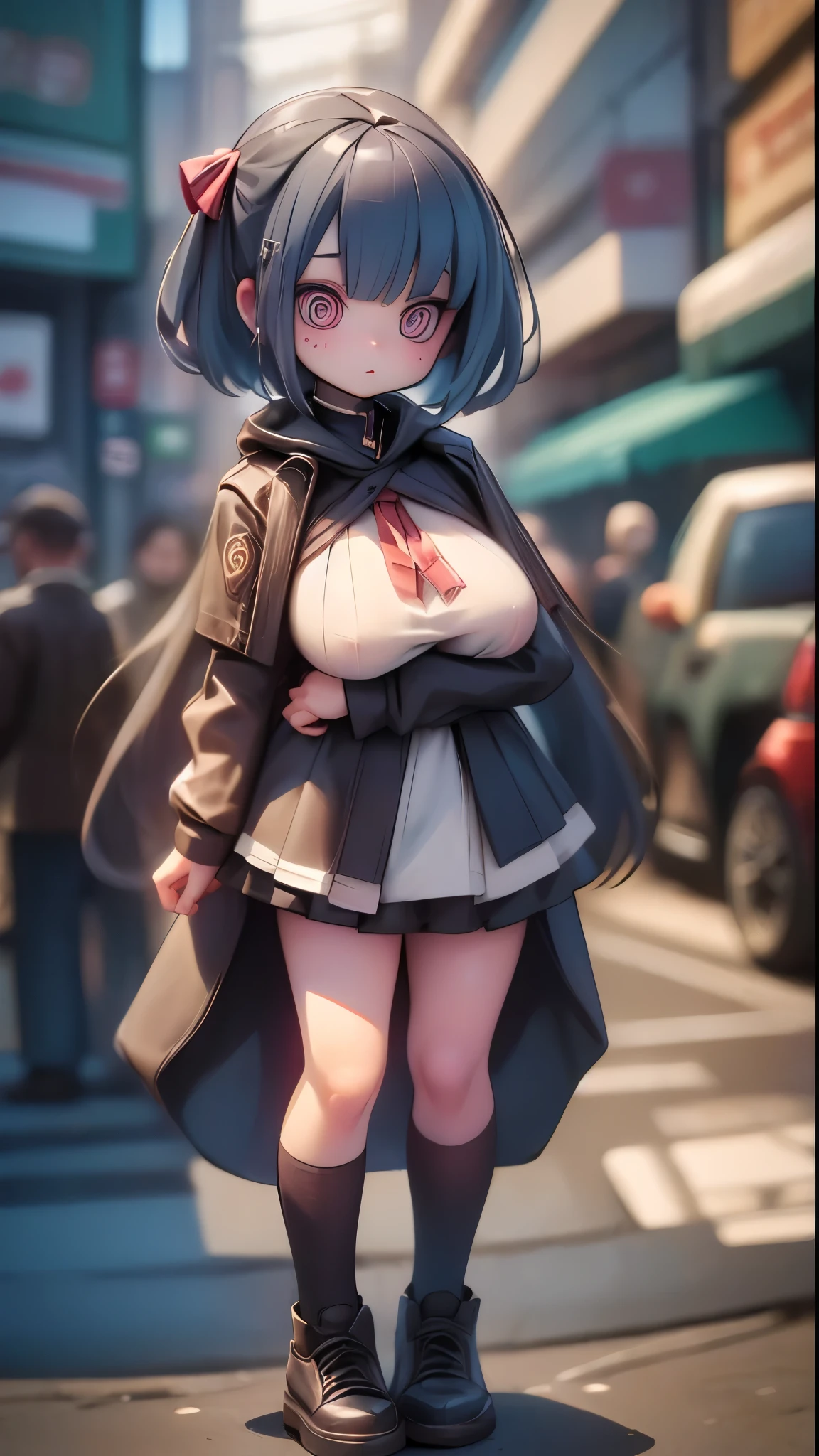 (full body,breast),2D,#quality(8k,wallpaper of extremely detailed CG unit, ​masterpiece,hight resolution,top-quality,top-quality real texture skin,hyper realisitic,increase the resolution,RAW photos,best qualtiy,highly detailed,the wallpaper), BREAK,solo,#1girl(cute,kawaii,cute smile,hair floating,hair messy,black hair,long hair,twin tails hair,pale skin,skin color blue,eyes are red,red eyes shining,big eyes,ripped clothe:1.8,tight tube top,breast,tight hot pants,cute pose:2.0,stomach shown :0.8,punk fashion,black cat ear:1.4,cute pose:1.4,portrait:2.0,open mouth), BREAK ,#background(outside,noisy city,backstreet,narrow street,dark:2.0,neon lights),[chibi:2.0],(when drawing the hand please draw them anatomically very correctly for sure:1.4), BREAK 
