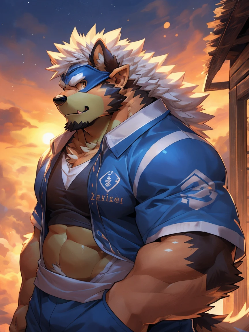human nature, Wildlife, male,18 years old, solitary, ((Round Face, The face is plump,Orange eyes,Thick white hair,With wounds)), ((Endomorph, Handsome,enthusiasm)), (Sportswear,Light blue and white coat,Wearing a mask), ((domestic 犬, Dog Orc,) Fluffy fur, Fluffy), Bokeh, (high quality, high resolution, masterpiece), (Dynamic Lighting, Vibrant colors,Natural fill light), (Revitalize,harm,Disdain,aggressive), Full body picture (close up), cartoon, author:Takemoto Arashi, From zixiong, By Chunni, author:Empty Ghost,(background:Night cottage door)