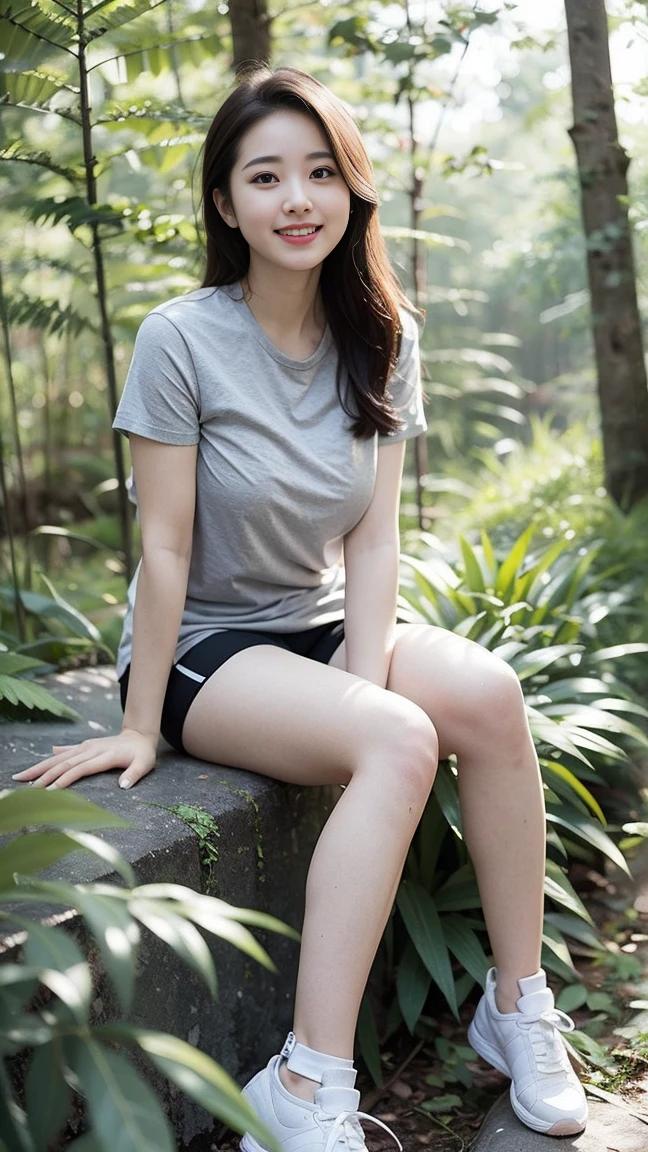 masterpiece, best quality, Surreal, Ultra Detailed, 8k resolution, RAW photos, Clear focus, (A girl in the forest), ((light gray shirt:1.1)),  Short sleeve, sports Shorts,Full body posture, Solitary, Perfect body, Become a, 32 inches in the chest,(a charming smile:1), (sexy pose)，26 years old, light,White shoes