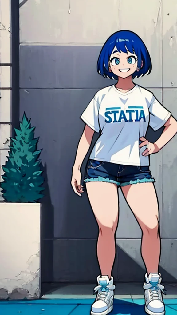Anime style, 1women, lifting her skirt exposing genitals, genitals visible, pussy visible, public hair, blue and black color public hair, seductive expression, bright red lips, sexy tattoo on hand, neck and lap brunette, black and blue multi colored hair, short hair , wavy hair, messy hair, curly hair, black eye liner, blue eye shadows makeup, beautiful detailed blue eye, white t-shirts, black short flowy line skirt, sexy neckline, large neckline, standing in a park