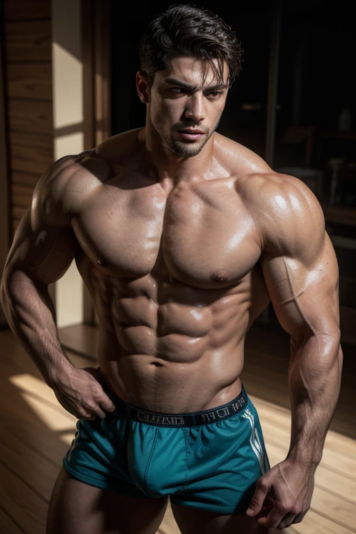 muscular bodybuilder, brazilian man, underwear, detailed face, chiseled abs, muscular physique, dynamic pose, hyperrealistic, 8k, high quality, photorealistic, realistic lighting, dramatic shadows, vibrant colors, cinematic composition, masterpiece