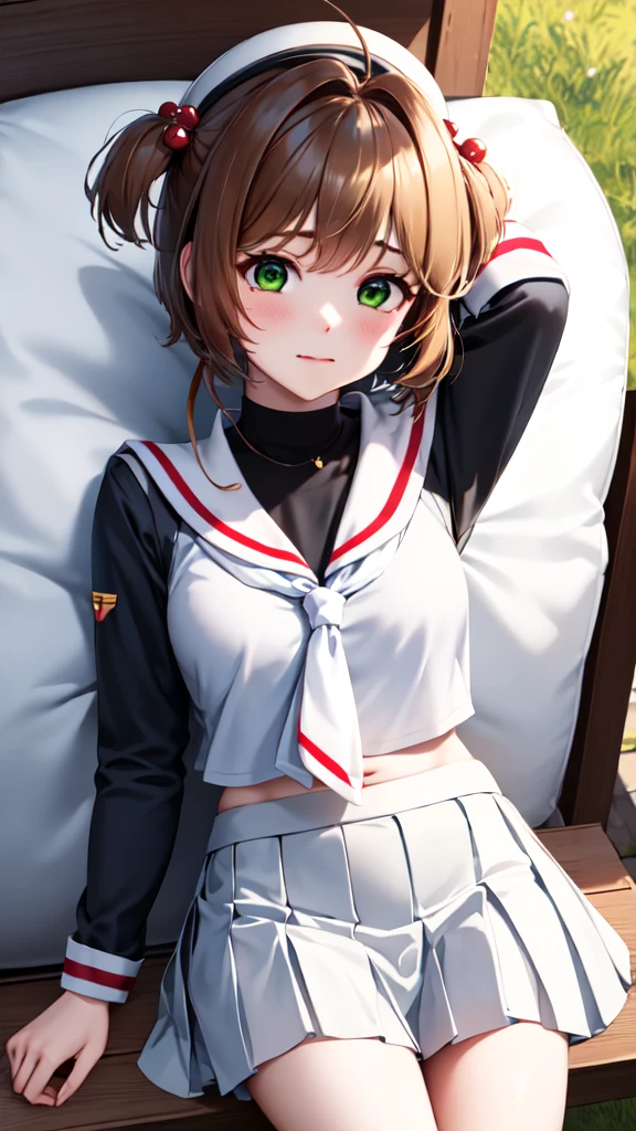 masterpiece, best quality, highres, kinomoto sakura, 1girl, brown hair, short hair, antenna hair, two side up, hair bobbles, green eyes, , white sailor collar, black shirt, long sleeves, white skirt, pleated skirt, sitting, eating, outdoors, bench, food, leaf, (masterpiece, best quality: 1.2),(very detailed face, real image, realistic skin, realistic body, intricate details),1 woman, Kinomoto Sakura, brown hair, alone, skirt, green eyes, Short hair, have, white skirt, white hat, Magic Girl, Antenna hair, laugh, serafuku, pleated skirt, dehisce, looking at viewer, cowboy shot, long sleeves, star (symbol), muffler, lie down in bed with both arms extended above the head and placed behind the pillow, anime girl lying down, expose plump breasts, whole body, plump thighs, Natural Pose, beautifully, cute, Fix errors without any awkwardness, tall, I have long legs, Wearing (tomoeda_초등school_school_Uniform),black top, tennis mini skirt,cry in shame, wearing white ankle socks, random sexy poses
