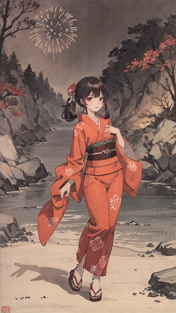 night、Watch the fireworks、Japanese style、Girl in red kimono