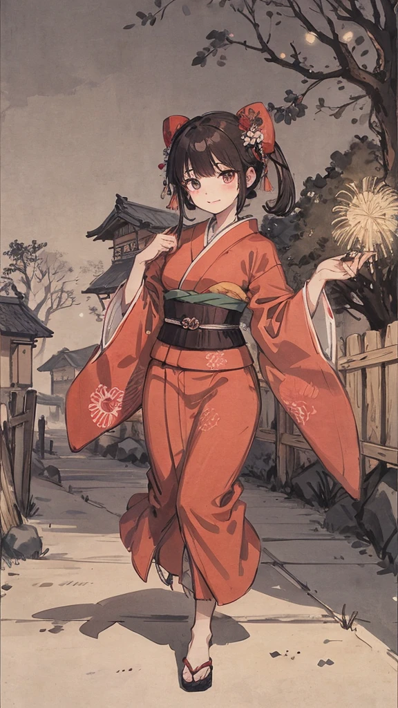 night、Watch the fireworks、Japanese style、Girl in red kimono