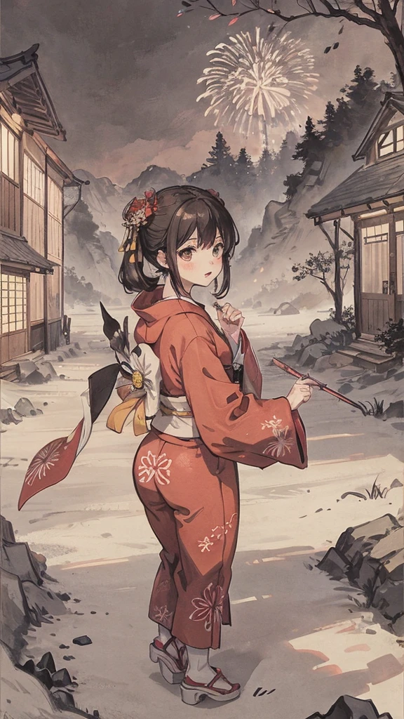 night、Watch the fireworks、Japanese style、Girl in red kimono