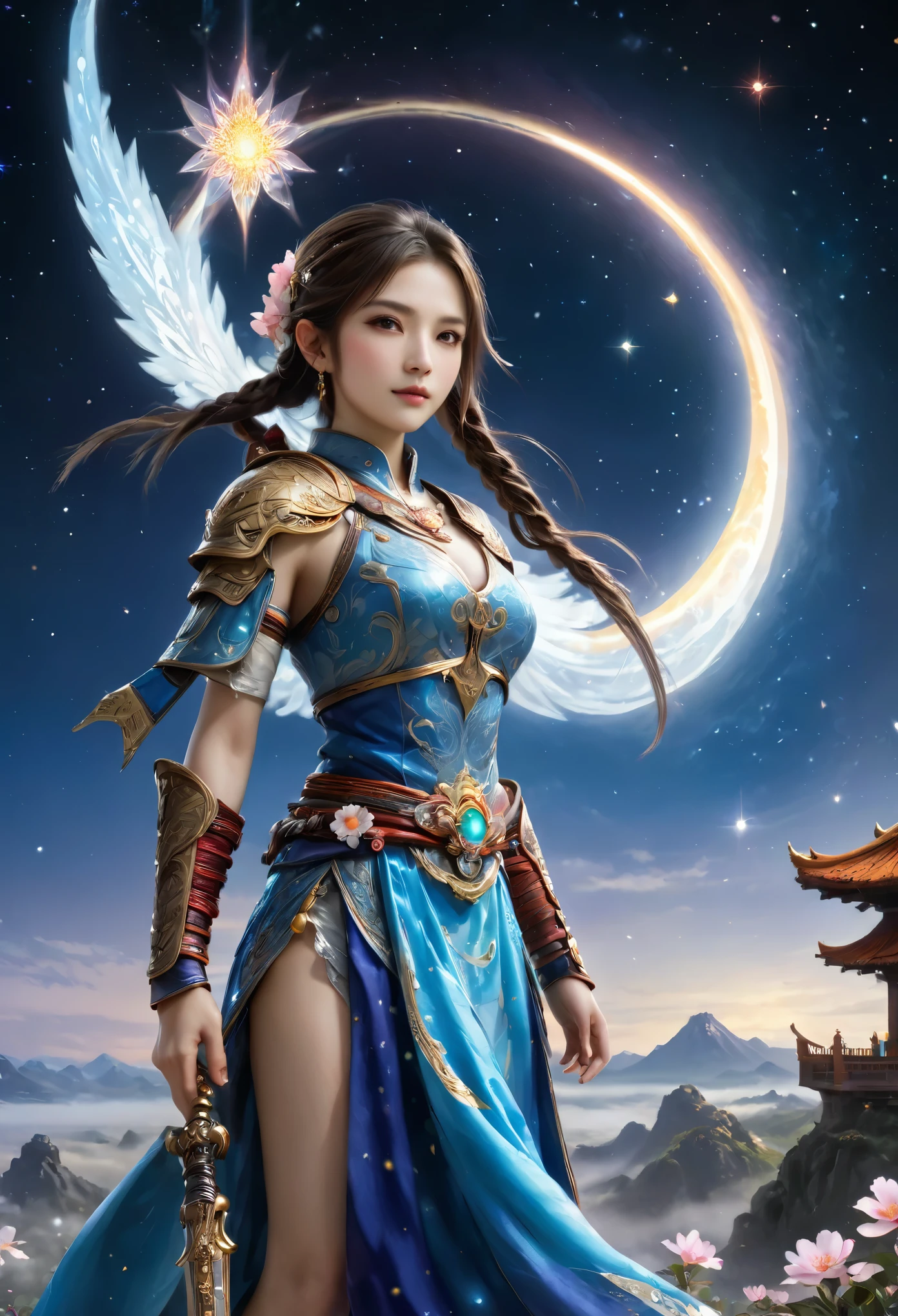 8K resolution, masterpiece, Highest quality, Award-winning works, unrealistic, final fantasy, Royal Jewel,Photorealistic Painting by Midjourney and Greg Rutkowski, , elegant, Very detailed, Delicate depiction of hair, miniature painting, Digital Painting, Art Station, Concept Art, Smooth, Sharp focus, shape, nature, Clear shadows, Full body portrait, Asura, God of War, Castle in the Sky, A strip of light pouring down from the sky, A pillar of light stretching to the sky, Complex colors, Buddhist Mandala, Colorful magic circle, flash, Mysterious Background, Aura, A gentle gaze, BREAK, Small faint lights and flying fireflies, night, Starry Sky, milky way, nebula, shooting star, Flowers, birds, wind and moon,erotic, sole sexy lady, healthy shaped body, Anatomically accurate skeleton, 22 years old lady, Asura, 170cm tall, huge firm bouncing busts, Holy sword in both hands, Complicated armor, Brightly colored armor, battlefield, fight