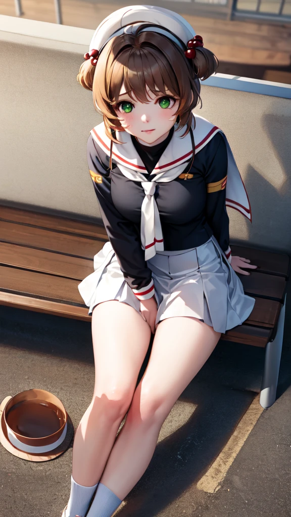 masterpiece, best quality, highres, kinomoto sakura, 1girl, brown hair, short hair, antenna hair, two side up, hair bobbles, green eyes, , white sailor collar, black shirt, long sleeves, white skirt, pleated skirt, sitting, eating, outdoors, bench, food, leaf, (masterpiece, best quality: 1.2),(very detailed face, real image, realistic skin, realistic body, intricate details),1 woman, Kinomoto Sakura, brown hair, alone, skirt, green eyes, Short hair, have, white skirt, white hat, Magic Girl, Antenna hair, laugh, serafuku, pleated skirt, dehisce, looking at viewer, cowboy shot, long sleeves, star (symbol), muffler, lie down in bed with both arms extended above the head and placed behind the pillow, anime girl lying down, expose plump breasts, whole body, plump thighs, Natural Pose, beautifully, cute, Fix errors without any awkwardness, tall, I have long legs, Wearing (tomoeda_초등school_school_Uniform),black top, tennis mini skirt,cry in shame, wearing white ankle socks, random sexy poses