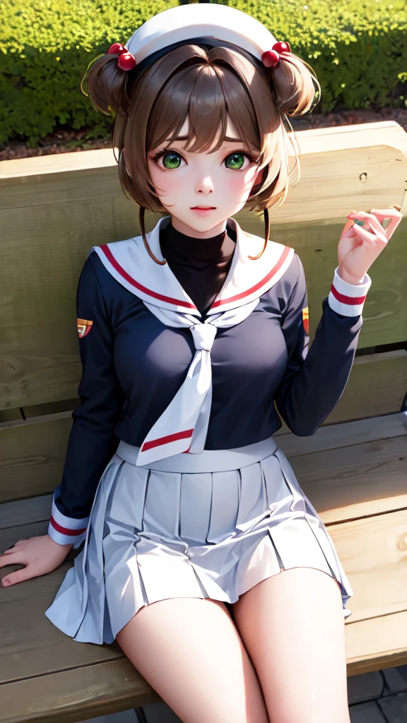 masterpiece, best quality, highres, kinomoto sakura, 1girl, brown hair, short hair, antenna hair, two side up, hair bobbles, green eyes, , white sailor collar, black shirt, long sleeves, white skirt, pleated skirt, sitting, eating, outdoors, bench, food, leaf, (masterpiece, best quality: 1.2),(very detailed face, real image, realistic skin, realistic body, intricate details),1 woman, Kinomoto Sakura, brown hair, alone, skirt, green eyes, Short hair, have, white skirt, white hat, Magic Girl, Antenna hair, laugh, serafuku, pleated skirt, dehisce, looking at viewer, cowboy shot, long sleeves, star (symbol), muffler, lie down in bed with both arms extended above the head and placed behind the pillow, anime girl lying down, expose plump breasts, whole body, plump thighs, Natural Pose, beautifully, cute, Fix errors without any awkwardness, tall, I have long legs, Wearing (tomoeda_초등school_school_Uniform),black top, tennis mini skirt,cry in shame, wearing white ankle socks, random sexy poses