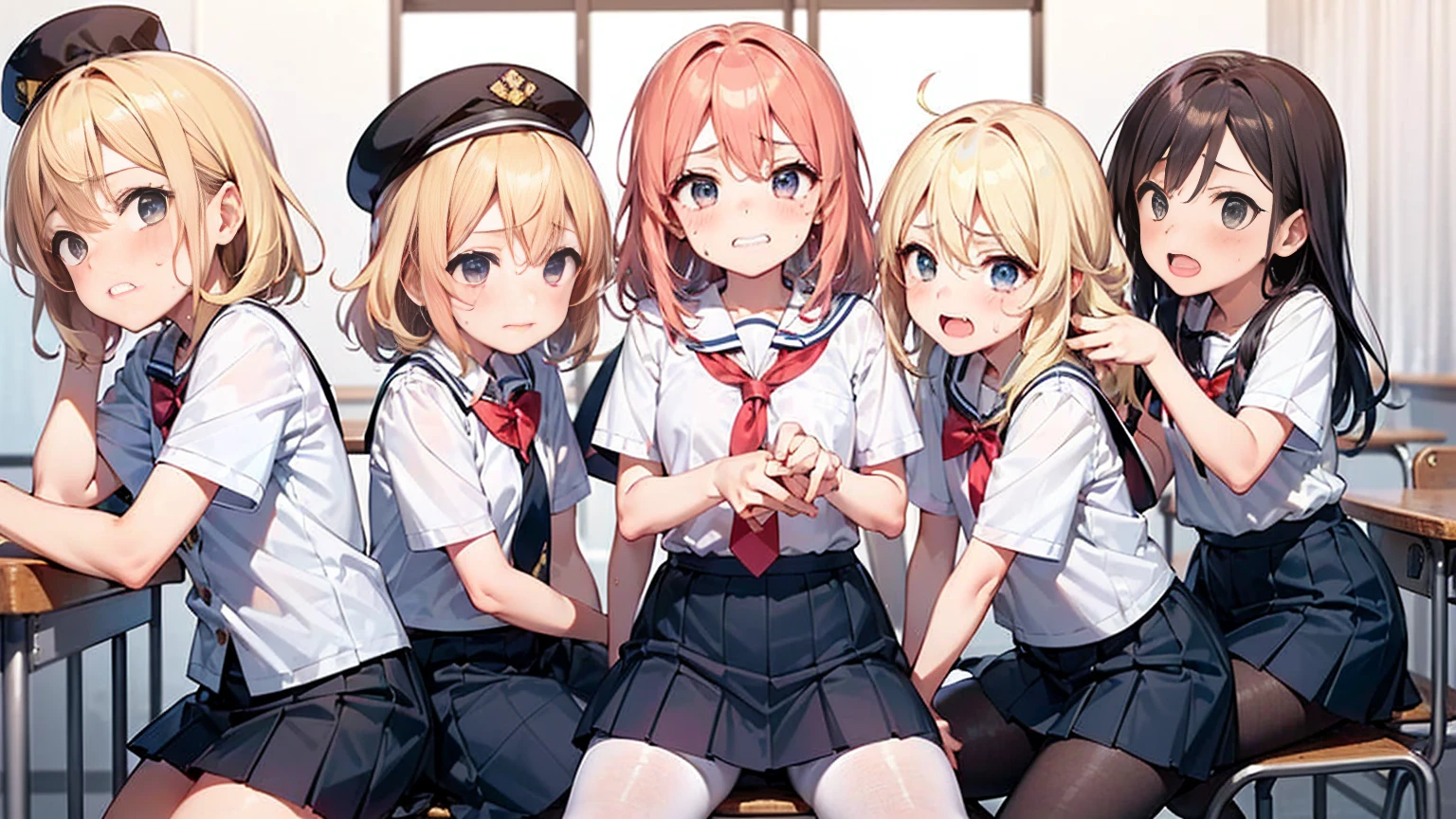 Highest quality,Highest quality,Multiple girls,One boy,(((()))),  Surrounded by girls,Flat Chest,orgasm,blush, Sweat, Sakurai Momoka,Blonde,White Sarah Outfit,Navy Blue Skirt, Not a pleated skirt,whole body,Dark Classroom, Grey pantyhose、Flipping up a navy blue skirt、Spread your legs