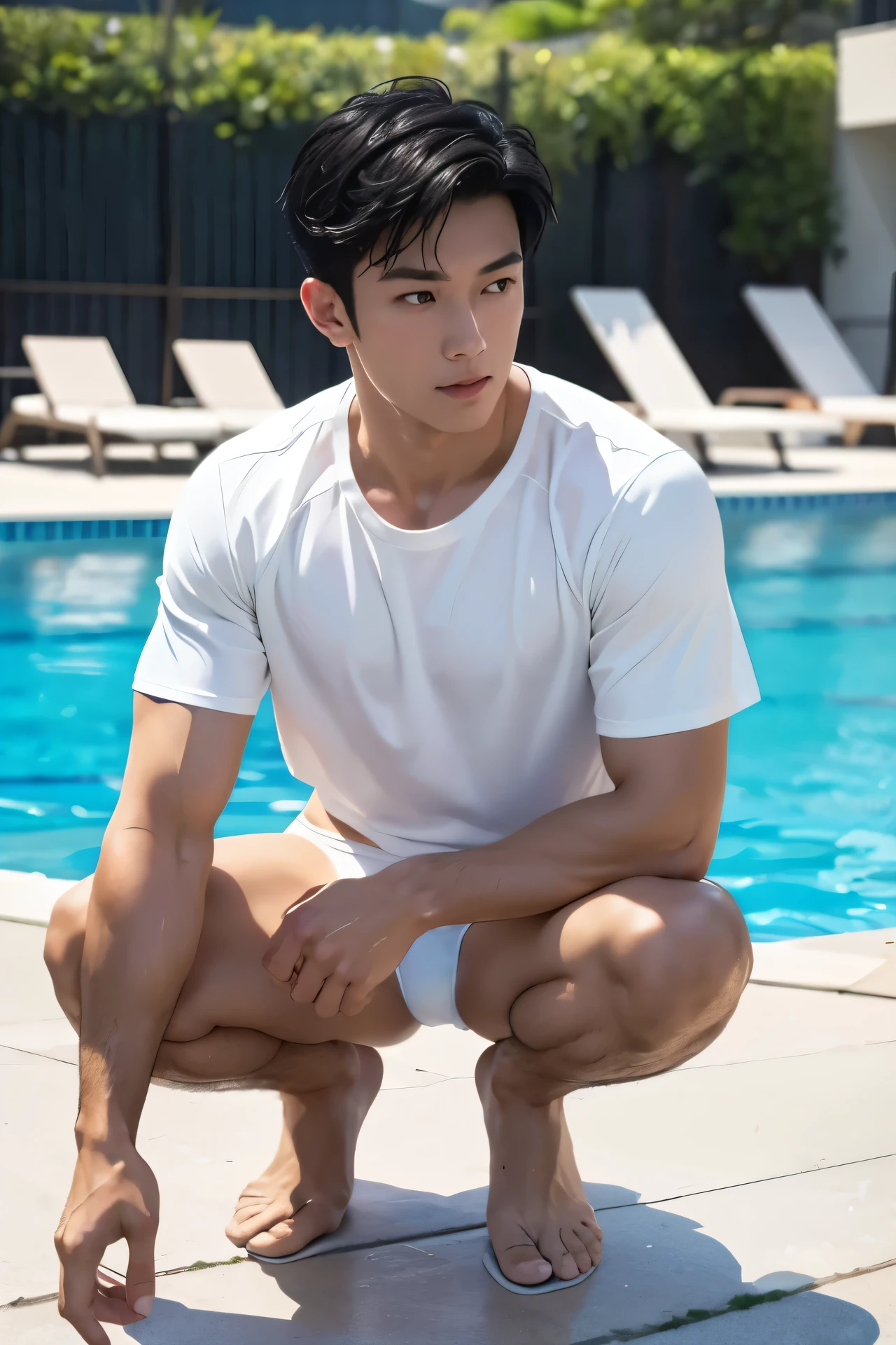 Handsome swimmer Asian Male Handsome Model adult Black Hair short hair Short cut Full body portrait Swimming Pool Speedo type white swimwear Full body portrait soaked Speedo type white swimwear Bulge Black t-shirt on the upper body squat