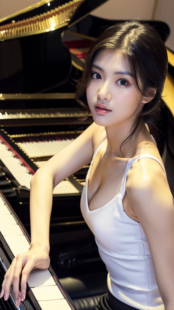 ((Beautiful girl playing piano in the living room, super detailed piano:1.2)), Mysterious, clear々A nice morning, Window, (15 years old, Baby Face), clear楚な黒衣装, Small breasts, ((Detailed eyes and face, Professional photography techniques, Natural bright lighting)), ((Detailed hands, The pianist&#39;s beautiful hands)), (Highest quality, 8K, masterpiece:1.2, RAW Photos), ((Breast flash)), (Perfect Anatomy:1.3)