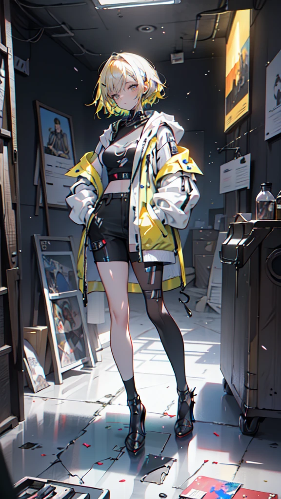 1 girl, short yellow hair, cyberpunk, Alice in Wonderland, black high heels, hand in pocket, best quality, 4k, 8k, highres, masterpiece:1.2, ultra-detailed, realistic, photorealistic, photo-realistic:1.37, HDR, UHD, studio lighting, ultra-fine painting, sharp focus, physically-based rendering, extreme detail description, professional, vivid colors, bokeh, concept art