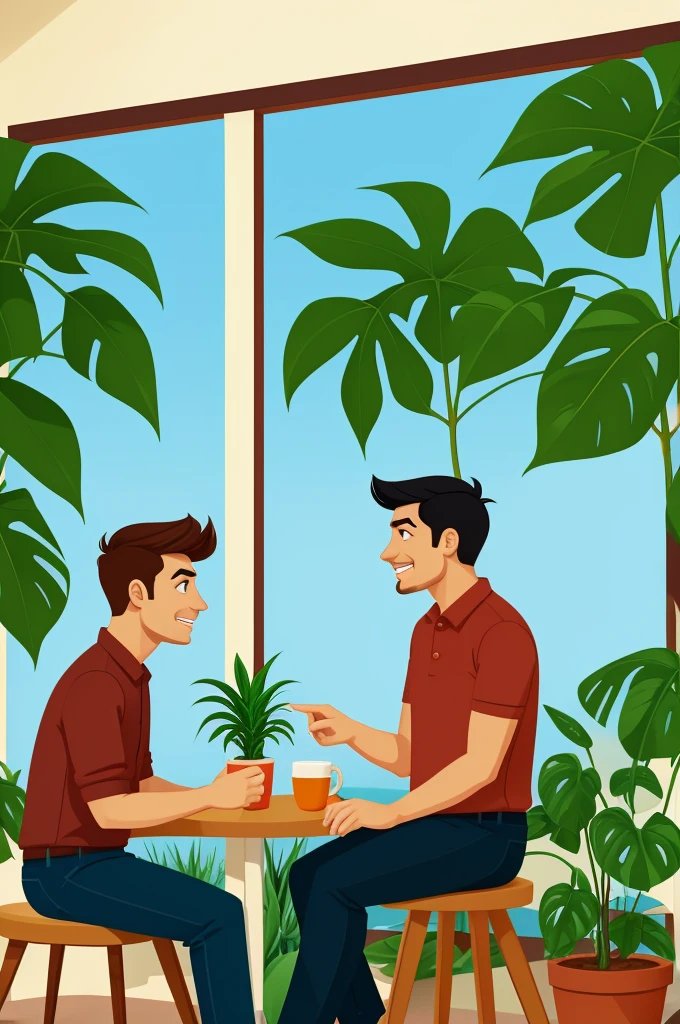 Create a cartoon of two men talking while watching a plant.