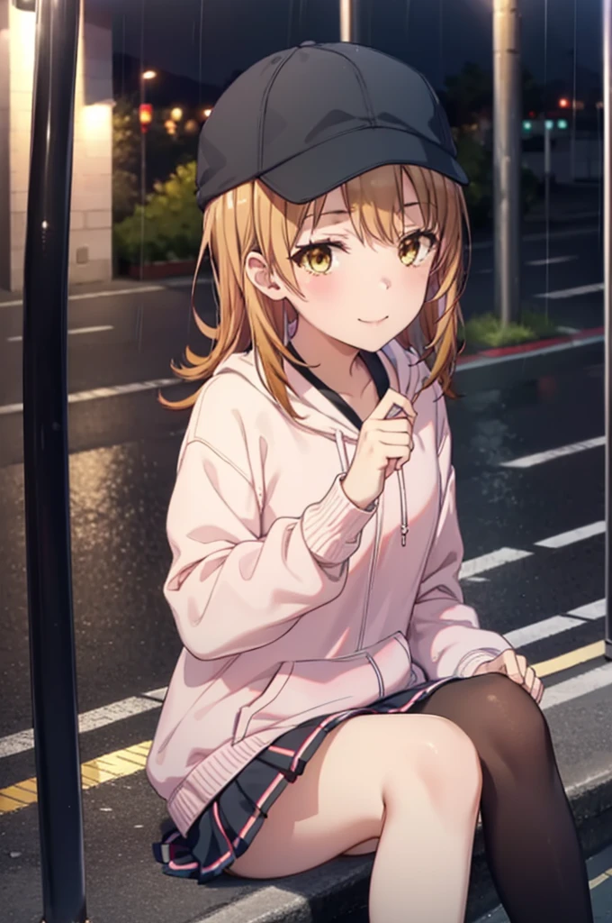 Irohaisshiki, isshiki iroha, Long Hair, Brown Hair, (Brown eyes:1.5), happy smile, smile, Close your mouth,blush,rain,night,Baseball hats,Pink oversized hoodie,mini skirt,Black pantyhose,short boots,Sitting on a bus stop bench、,Hidden in a covered building bus stop,whole bodyがイラストに入るように,
break outdoors, バス停
break looking at viewer,whole body,
break (masterpiece:1.2), Highest quality, High resolution, unity 8k wallpaper, (figure:0.8), (Beautiful attention to detail:1.6), Highly detailed face, Perfect lighting, Highly detailed CG, (Perfect hands, Perfect Anatomy),