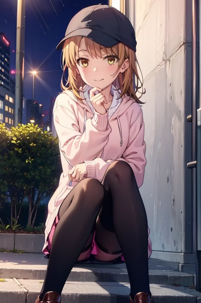 Irohaisshiki, isshiki iroha, Long Hair, Brown Hair, (Brown eyes:1.5), happy smile, smile, Close your mouth,blush,rain,night,Baseball hats,Pink oversized hoodie,mini skirt,Black pantyhose,short boots,Sitting on a bus stop bench、,Hidden in a covered building bus stop,whole bodyがイラストに入るように,
break outdoors, バス停
break looking at viewer,whole body,
break (masterpiece:1.2), Highest quality, High resolution, unity 8k wallpaper, (figure:0.8), (Beautiful attention to detail:1.6), Highly detailed face, Perfect lighting, Highly detailed CG, (Perfect hands, Perfect Anatomy),