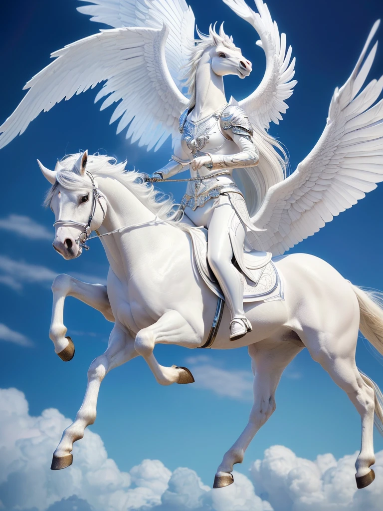 (((Highest quality, masterpiece, Ultra-high resolution, RAW Photos, 非常にdetailed, Perfect Anatomy, Pegasus has four legs,Pegasus has one head and neck ,Pegasus has one feather on each side,A pure white Pegasus:1.5,Pegasus is pure white and has long wings.,Pegasus has long wings and is about to take off.:1.5,Full body photo,)))((Highest quality)), ((masterpiece)), (detailed), The pure white Pegasus is about to take flight,Impressive,