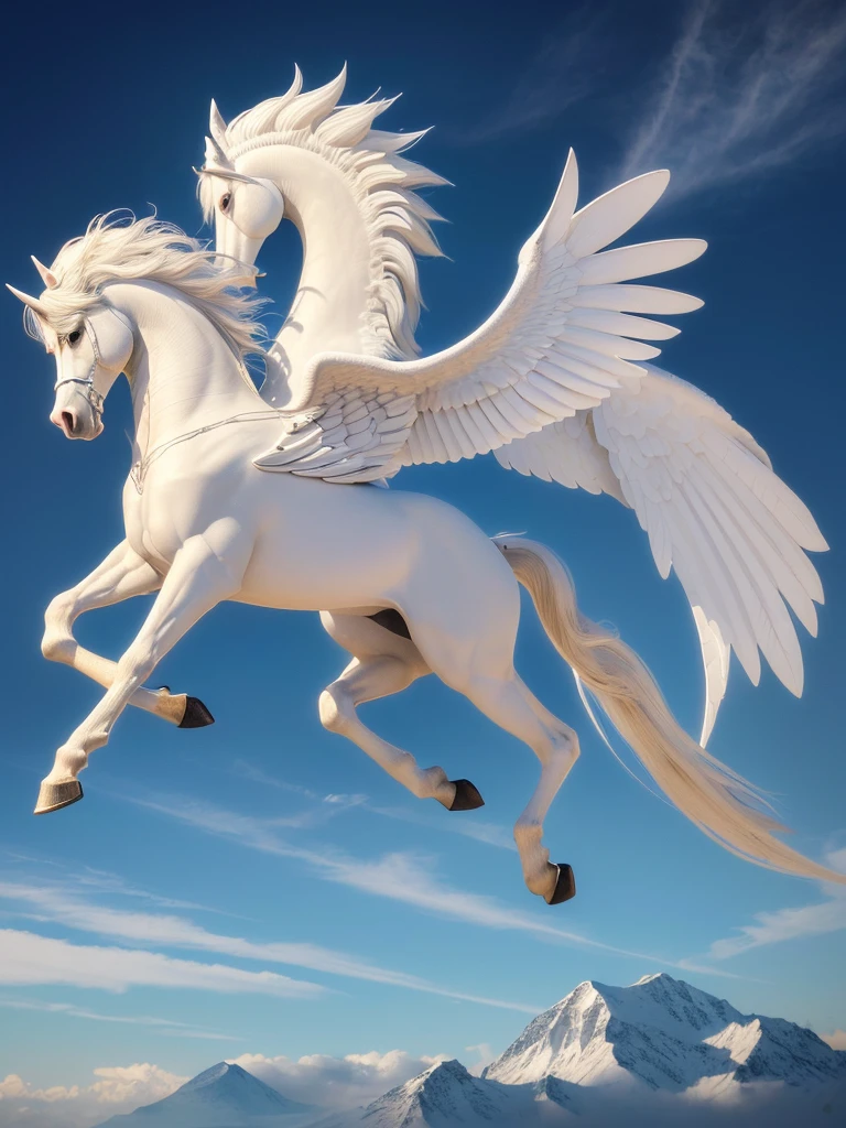 (((Highest quality, masterpiece, Ultra-high resolution, RAW Photos, 非常にdetailed, Perfect Anatomy, Pegasus has four legs,Pegasus has one head and neck ,Pegasus has one feather on each side,A pure white Pegasus:1.5,Pegasus is pure white and has long wings.,Pegasus has long wings and is about to take off.:1.5,Full body photo,)))((Highest quality)), ((masterpiece)), (detailed), The pure white Pegasus is about to take flight,Impressive,