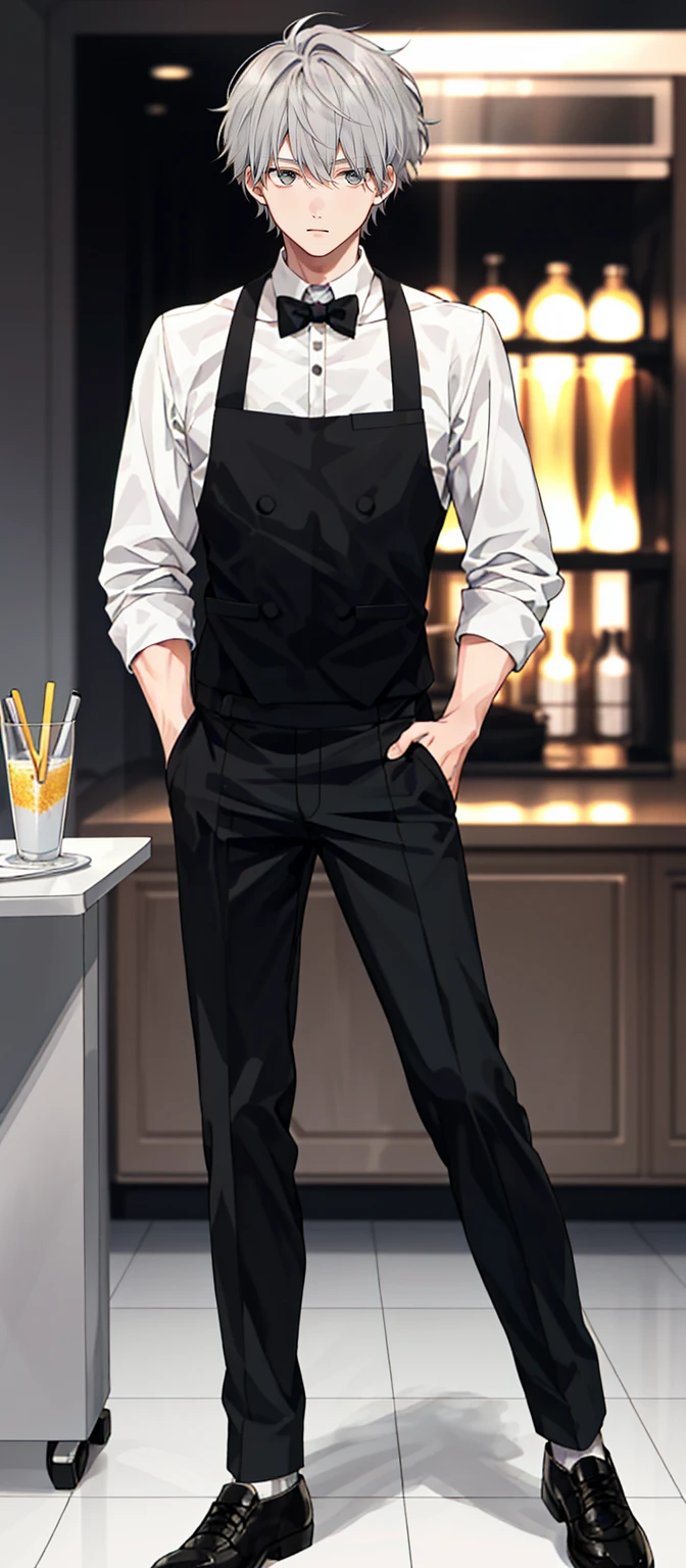 1 boy, 25 years old, full body, waiter, short hair, grey hair, messy hair, undercut,