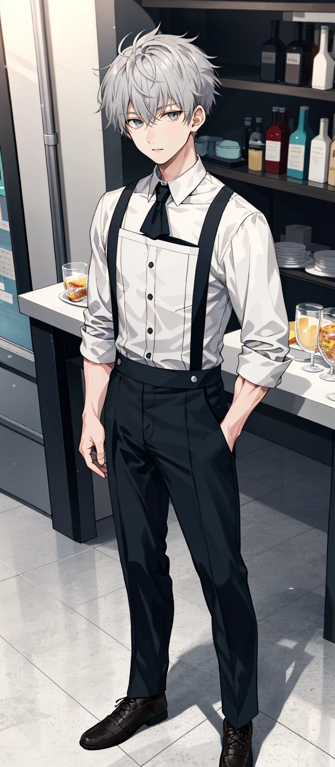 1 boy, 25 years old, full body, waiter, short hair, grey hair, messy hair, undercut,