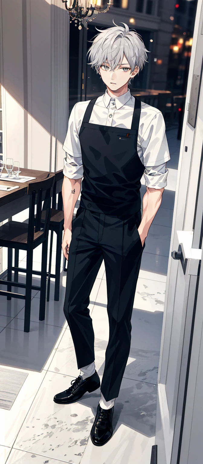 1 boy, 25 years old, full body, waiter, short hair, grey hair, messy hair, undercut,