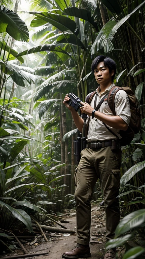 A young adventurer, Norio Suzuki, navigating through the dense jungle, looking determined and holding a map and a gun