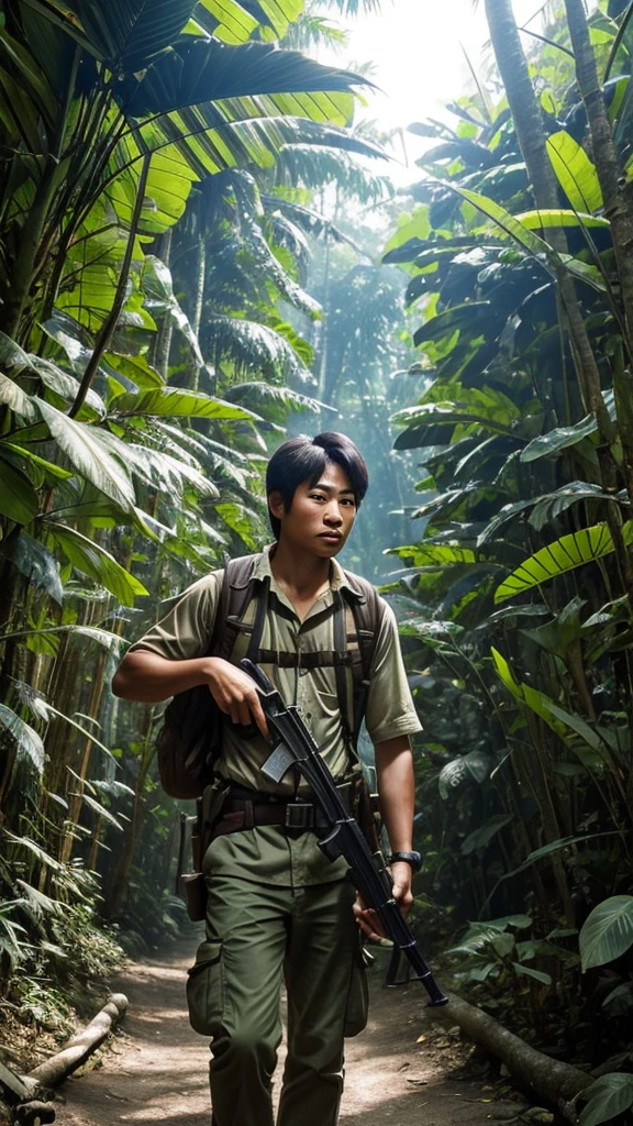 A young adventurer, Norio Suzuki, navigating through the dense jungle, looking determined and holding a map and a gun