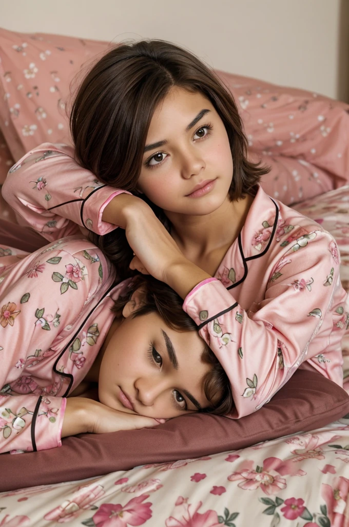 girl, short brown hair, Brown eyes, pink flower print pajamas, sitting on a pile of mattresses, she has a tired and sleepy expression.