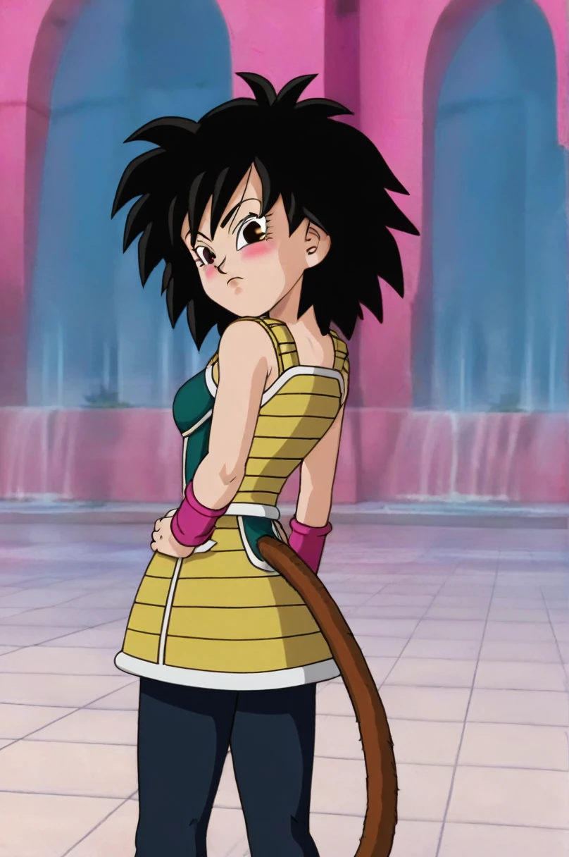 fountain_cheered up, score_9,score_8_above, score_7_above, gineDb, cheered up screencap,
1 girl, Alone, looking at the viewer, blush, urban landscape, black fur, Brown eyes, looking back, from behind, black eyes, hand on hip, frown, pink bracelet, green skirt, monkey's tail, saiyajin armadura, hand on the shoulder, medium hair, green saiyajin armadura, eyelashes, Eyebrows, Butt crack, bare shoulders, spiky hair, nails,sexy butt, naked, NSFW, NSFWart, detailed full body, standing, nude