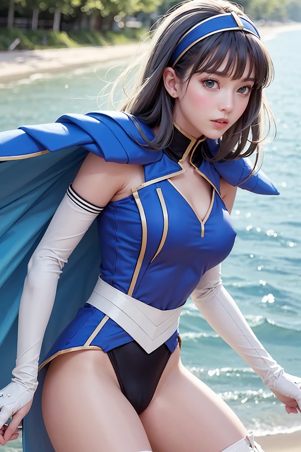 Fantasy,1girl Umi Ryuzaki Hairband Headgear, Straight long hair, Long, silky bangs, Blue Armor、Shoulder rest、Blue Cape、Elbow pads、gloves、leotard、White knee socks,Camel Toe,masterpiece,Noise Reduction,Perfect Anatomy,High resolution, Super detailed,Game CG,Dutch Angle ,Beautiful attention to detail,Visual Arts,Five Fingers, Perfect hands, Perfect lighting, Browsing Caution, ((Showing nipples)), The sea sparkles like a jewel, sun, light