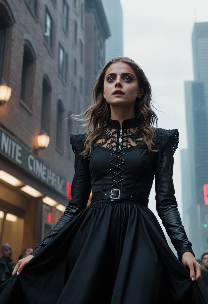 (GoPro view :1.1), willa holland with black gothic style dress in a (Die Hard (1988) film scene:1.1),hyperrealistic,professional,gloomy horror crushing atmosphere,hyperrealistic,soft bokeh,(hyperrealism),view from below shot,cinematic quality,((cinestill 800 film)),detailed realistic,35mm,rendered by octane,iso 150,