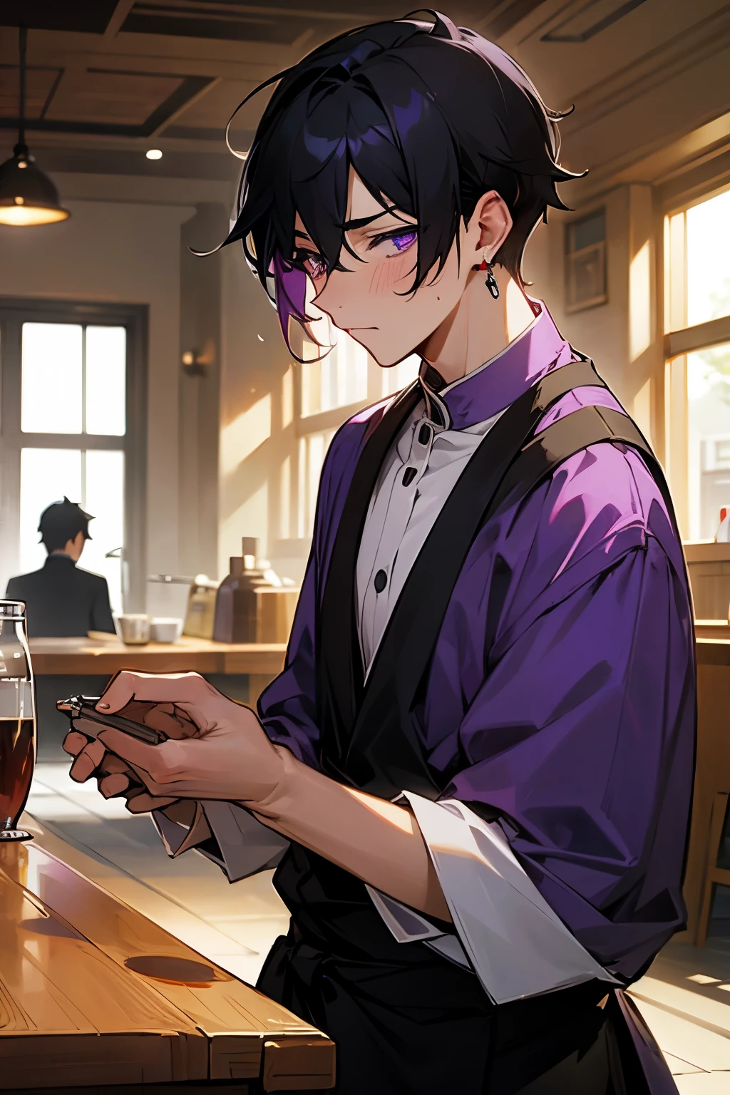 male、Black Hair、Purple eyes、Cafe staff、Embarrassed、Red face,Silver earrings、Puzzled,male