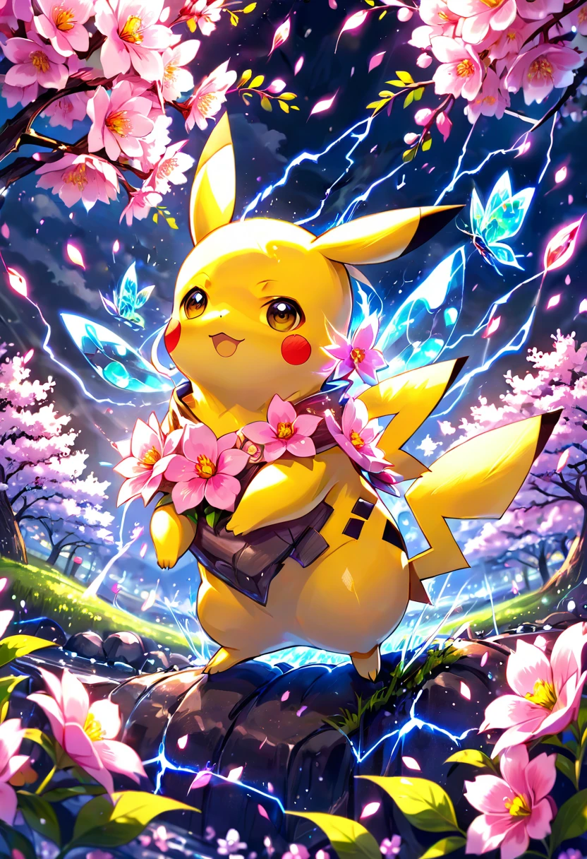 absurdres, highres, ultra detailed, HDR, master piece, Pikachu, Pokemon, extremely cute, best quality, blossoms, pink petals, pink flowers, fantasy, magical, solo, yellow lightning, blue shining fireflies