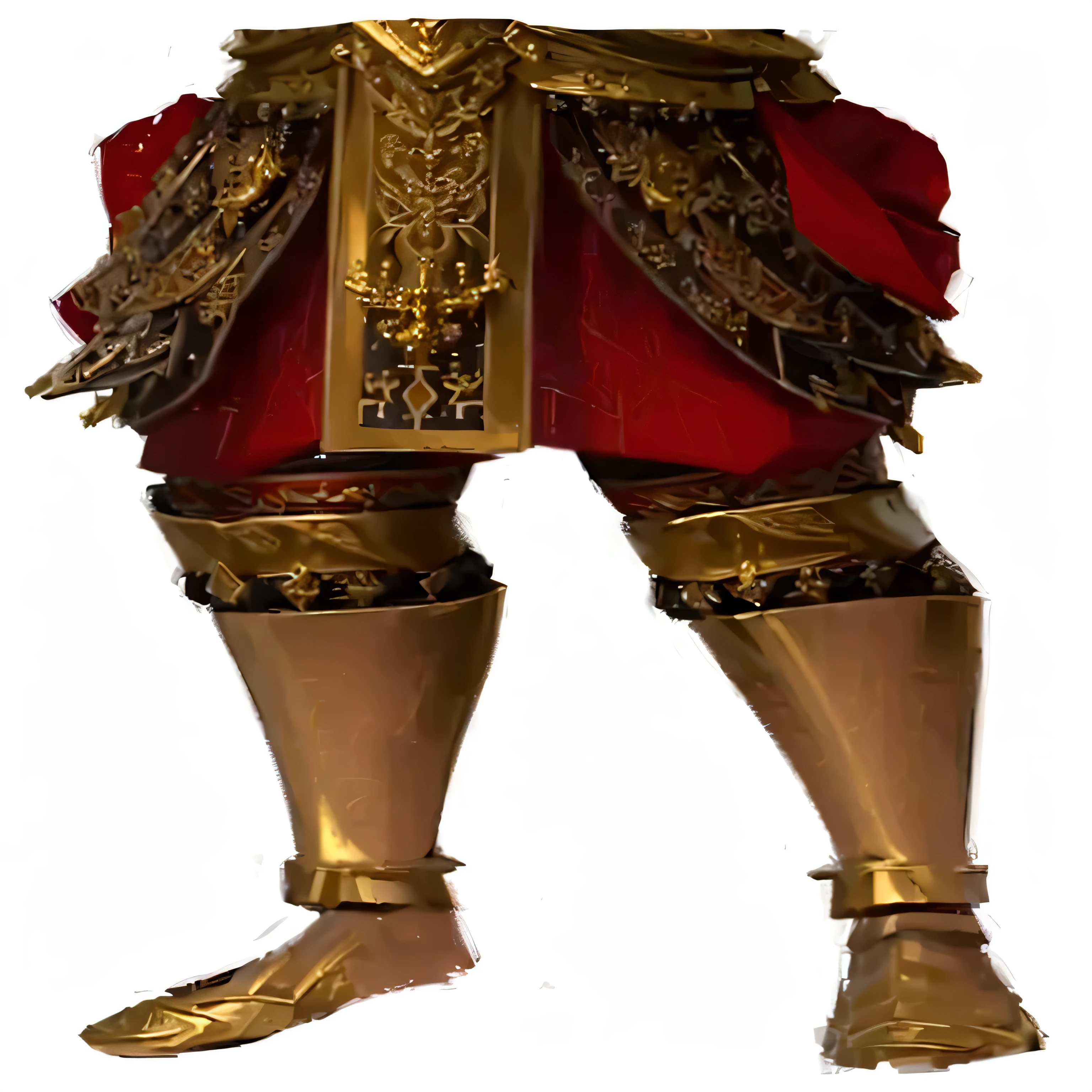 a close up of a person in a costume with a sword, detailed legs, red and gold sumptuous garb, detailed legs towering over you, legs visible, very detailed and rich clothing, wearing gilded red royal robes, wearing gilded red robes, ornamented armor, large thighs, thighs close up, detailed legs looming over you, morrowind armor, golden etched armor
