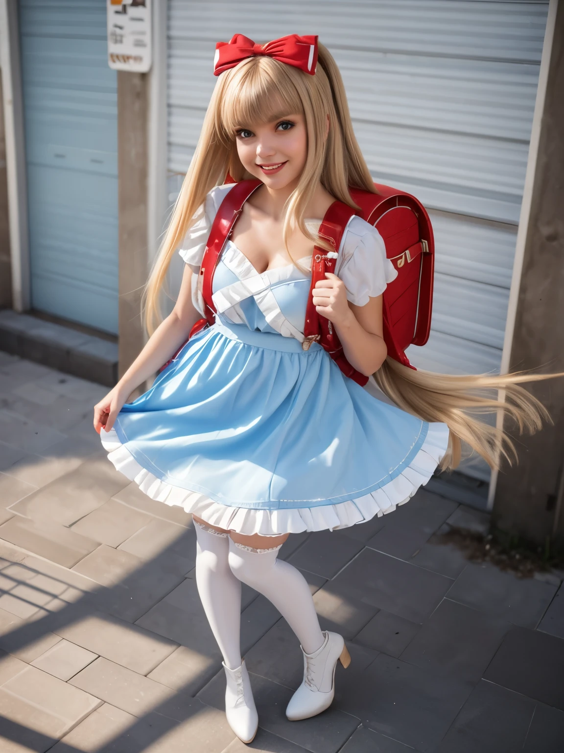 best quality, quality, masterpiece,  1girl, solo, highschool girl, European girl, blonde hair, tall height body, full body, standing, long hair, straight hair, blunt bangs, looking at viewer, smile, blue dress,****ta dress, shiny dress, bow, apron, frills, puffy short sleeves, hair ornament, accessories, cute toy doll, white thighhighs, white long socks, fullbody, Standing , white high heels boots, colorful dress, street, wearing red backpack, (backpack:1.2)