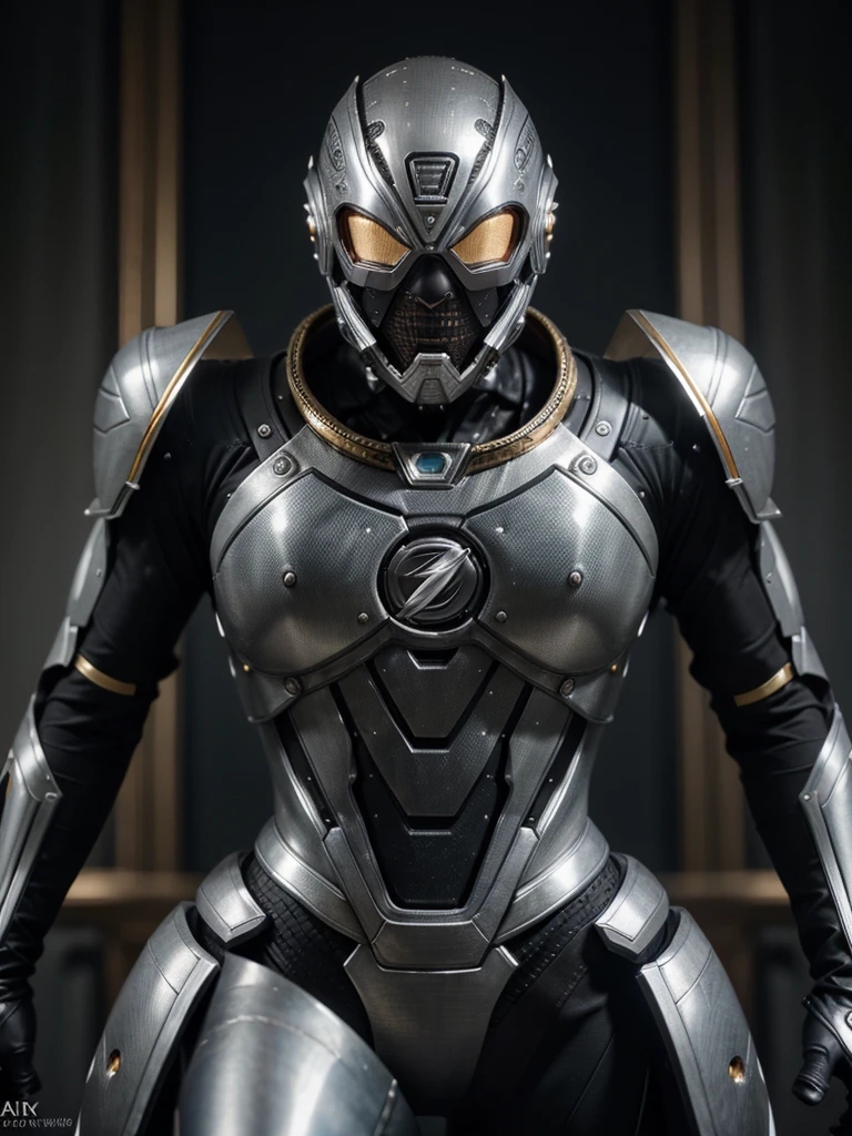 An intricate silver, black and carbon flash cybiotic suit with multiple gold details, extremely detailed suit, micro-details, fotorrealism, A light, Dark Photo, deep-shadows, Shallow depth of field, photorrealistic, Surrealism, high qualiy, work of art, 8K, 8K, super detaill