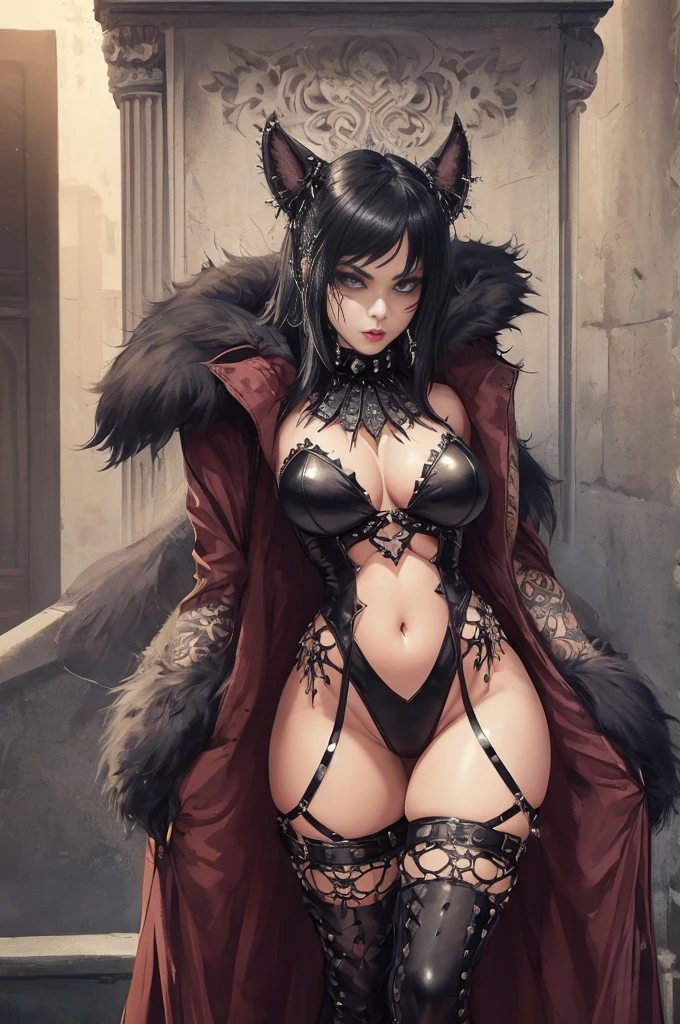 (Furry goth girl) with a seductive gaze, showcasing intricate fur patterns on her face and captivating eyes, smooth legs, high heels. She confidently wears a spiked collar and embraces her dominatrix persona in a revealing cosplay outfit, exposed cleavage exposed navel. Ear piercings complement her overall daring look.